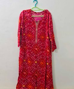 Vibrant Red Bandhani Kurta Set with Dupatta