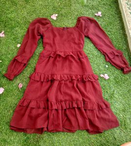 Maroon Ruffle A-line Dress
