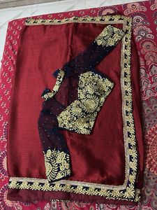 Elegant Maroon & Navy Embroidered Saree