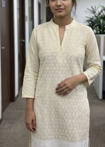 Chhavi Beige Cotton Chikankari Kurti - Size L