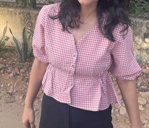 Chic Pink Gingham Peplum Top