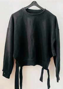 Black Cropped Sweatshirt with Tie Detail