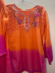 Orange & Pink Ombre Kurta Set with Embellishments