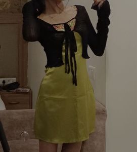 Chic Lime Green Slip Dress with Black Cardigan