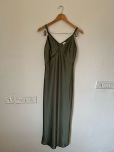V-Neck Satin Slip Midi Dress in Olive Green