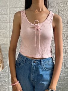 Cute Pink Ribbed Tie-Front Crop Top