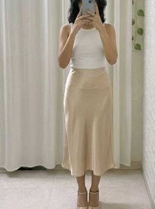 Elegant Satin Midi Skirt (Beige)