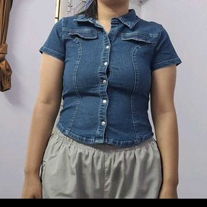 Women's Blue Denim Short Sleeve Shirt