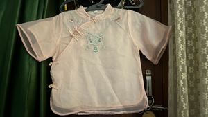Pink Embroidered Sheer Mandarin Collar Top