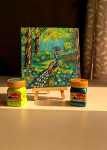 Mini peacock Landscape painting with wooden stand