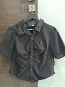 Chic Black Ruched Button-Up Top
