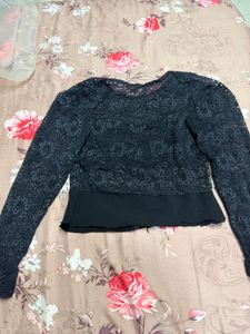 Lace Detail Long Sleeve Black Top
