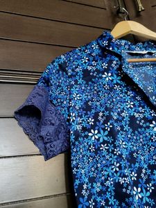 Blue Floral Print Satin Short Sleeve T-shirt
