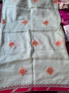 Sage Green with red Embroidered Saree