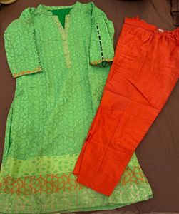 Green Kurta with Orange Pants Set