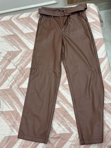 Brown Faux Leather Pants with Belt