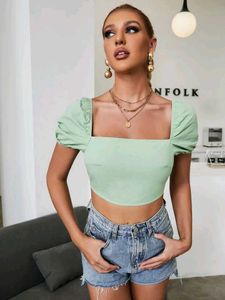 Mint Green Puff Sleeve Crop Top