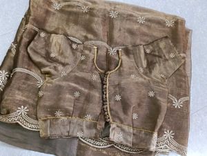 Elegant Embroidered Brown Saree