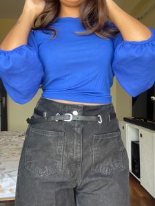 Blue Solid Crop Top With Back Details