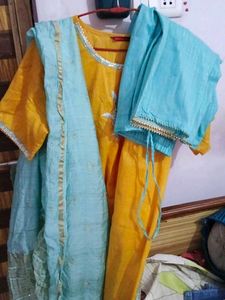 Yellow Kurta Set with Blue Dupatta