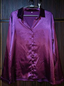 SAVANA Satin Purple Non-Button Pullover Shirt