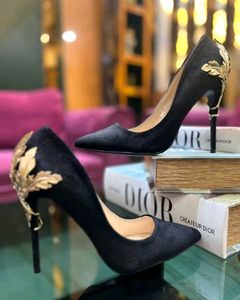 Black Stiletto Heels with Gold Leaf Detail
