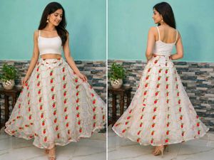Chic White Lehenga Skirt with Strawberry Print