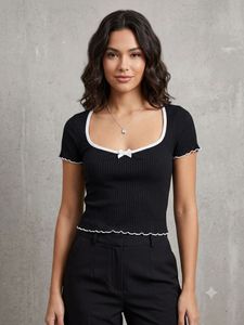 🎀 H&M Divided Black Ribbed Top with White Trim