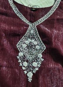 Maroon Kurta Set with Embellished Neckline