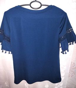 Navy Blue Top With Lace&amp;Taccel Trim Sleeve