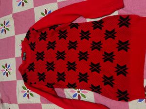 Red Knit Sweater with Black Geometric Pattern