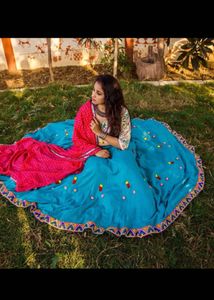 Vibrant Blue Lehenga Choli with Pink Dupatta