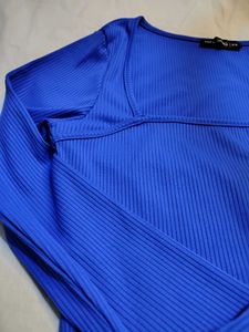 Ribbed Blue Square Neck Top