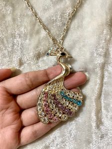 Stylish Peacock Long Silver Chain