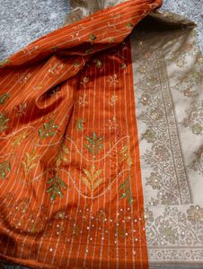 Orange Striped Saree with Embellishments