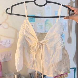 Cream Embroidered Tie-Front Crop Top