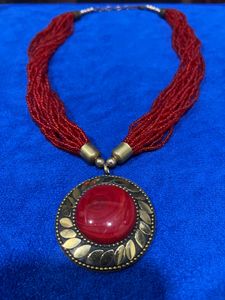 Pretty Read Beaded Necklace With Big Locket