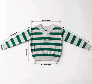 GREEN &amp; CREAM STRIPED V-NECK KNIT SWEATER