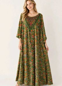 Elegant Green Floral Kaftan Maxi Dress