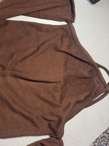 Brown Ribbed Cutout Top