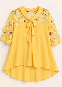 Yellow Floral Mesh Yoke Tie-Neck Tunic Top