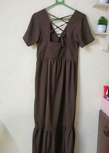 Elegant Brown Maxi Dress with Lace-Up Detail