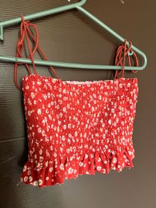 Red Floral Smocked Crop Top
