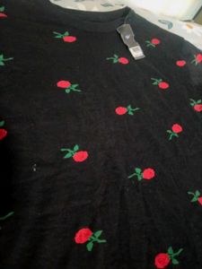 Black T-Shirt with Red Rose Print