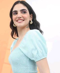 Light Blue Puff Sleeve Smocked Crop Top