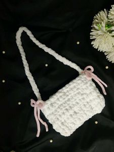 White Crochet Sling Bag with Pink Bows🌸🎀