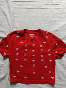 Cute Red Bow Print Crop Top