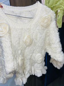 Off White Rose Woolen Sweater