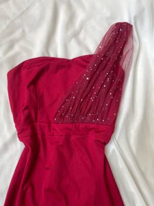 Red One-Shoulder Beaded Maxi Dress