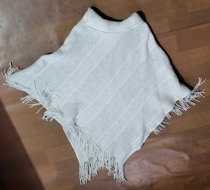 White Knit Poncho with Fringe